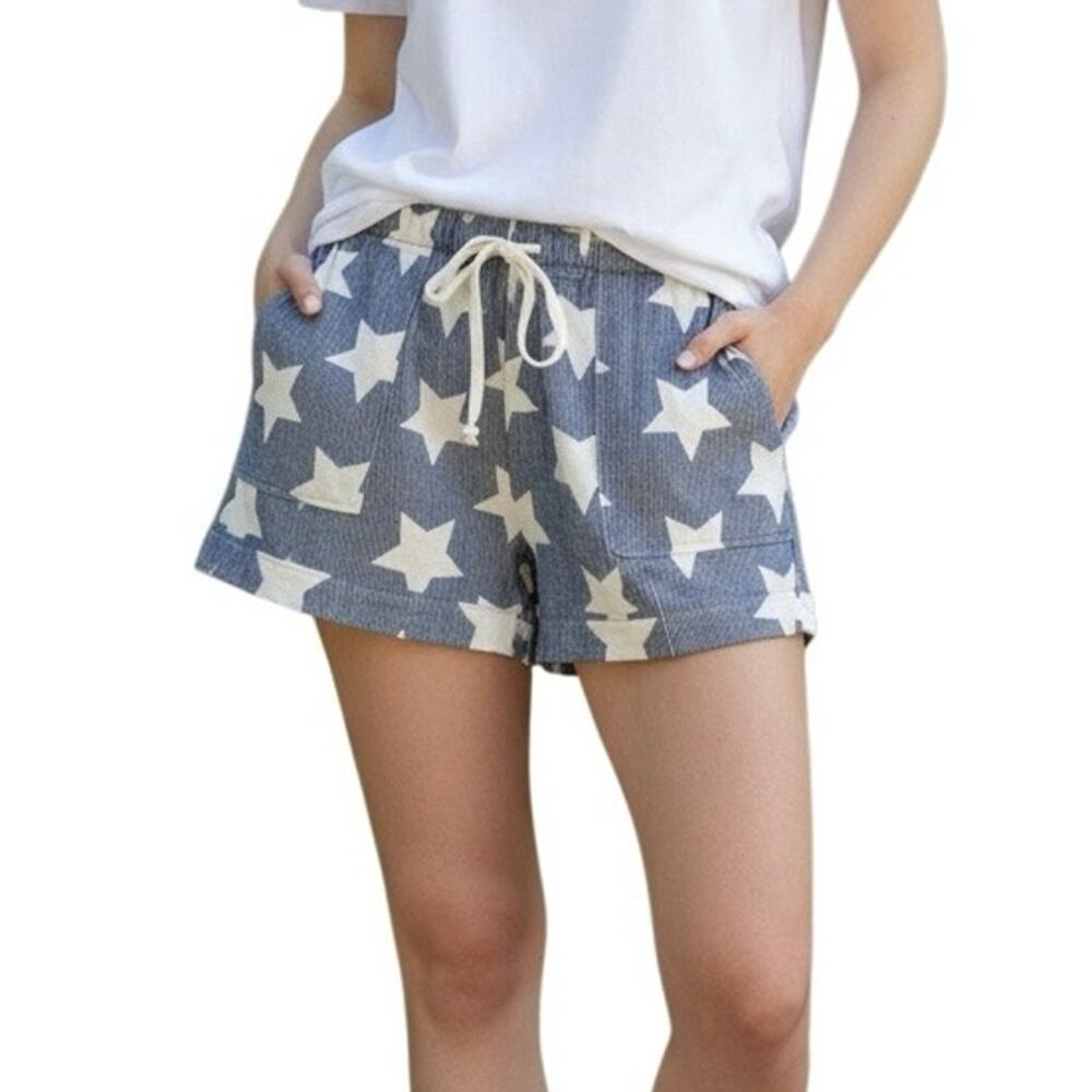 USA Stars & Stripes Blue White Star Print Drawstring Shorts XL